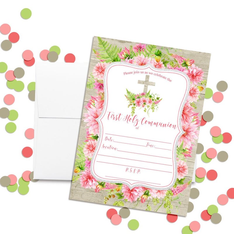 Amanda Creation Watercolor Pink Dahlia First Holy Communion Religious Party Invitations with Wood Background, 20 5x7 Fill In Cards with Twenty White Envelopes by AmandaCreation - Image 2